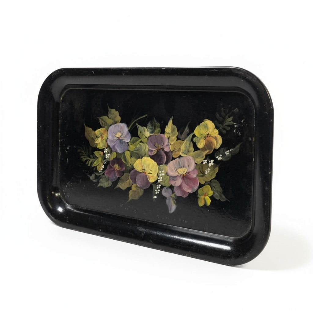 ANTIQUE SMALL HAND PAINTED TOLE TRAY PANSIES (1 of 2)