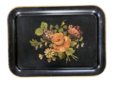 ANTIQUE HAND PAINTED FLORALS TOLE TRAY