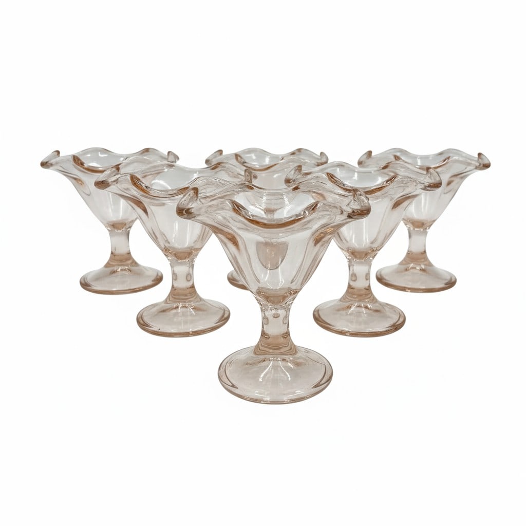 8 ITALIAN PINK GLASS LARGE SUNDAE GLASSES: Eight (8) Large Pink Ice Cream Sundae Glasses made in Italy. Each 5.25"x5.25"x5". Weight on all 7 lbs 10 oz. **In house shipping available on this lot**