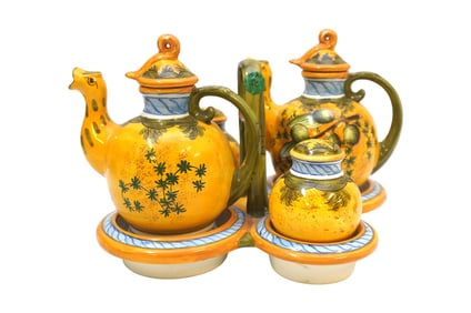 HAND PAINTED ITALIAN POTTERY CRUET SET WITH CADDY