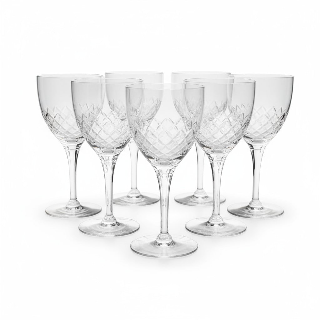 12 VINTAGE SENECA CRYSTAL WINE GLASSES: 12 Vintage Seneca Crystal Wine Glasses in the 1966-5 Pattern. Each 6". With case. In case measures 16"x12.5"x9". Weight 4 lbs 5 oz. PROVENANCE: A Rainbow Row, Charleston SC, Private Estate. **In house