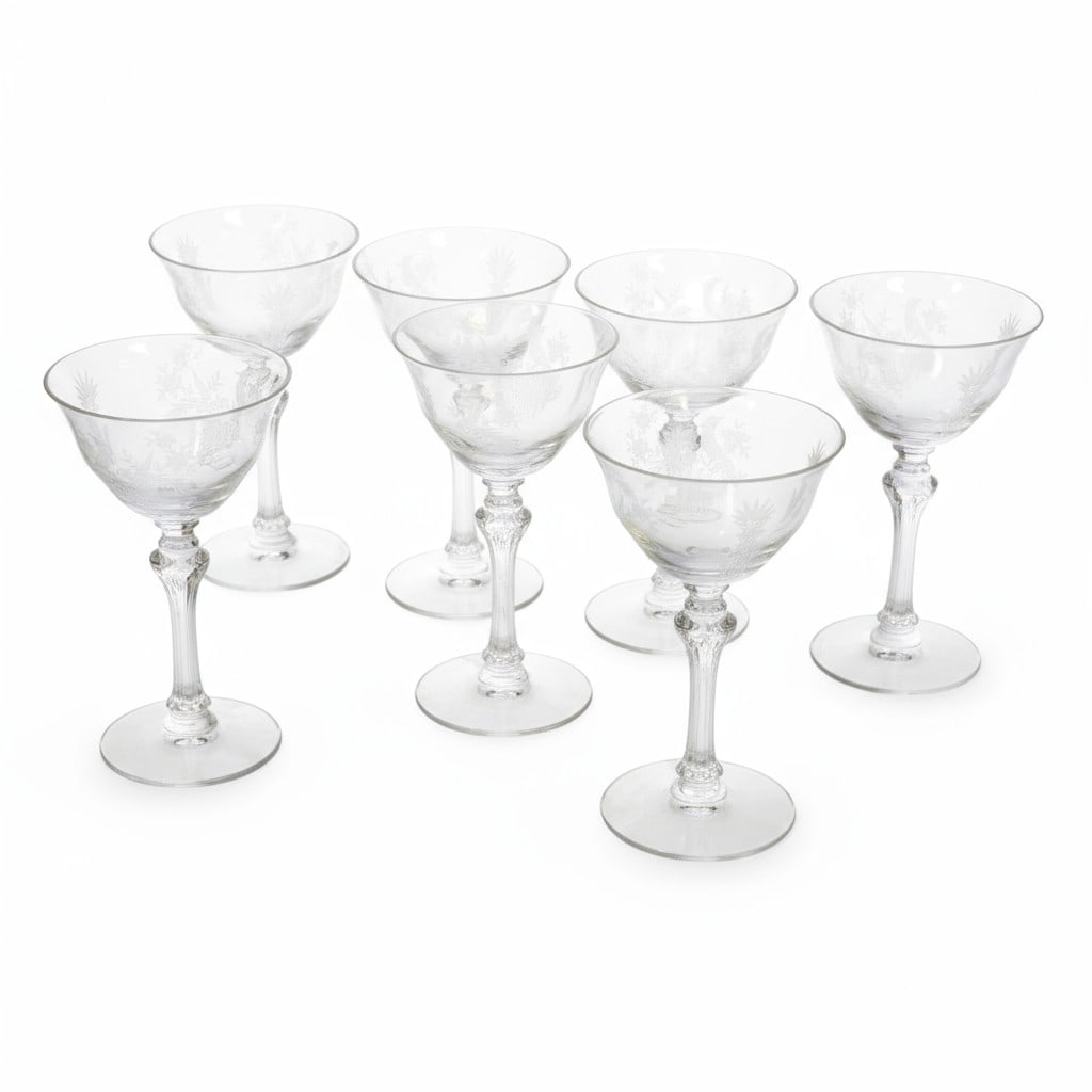 7 TIFFIN PERSIAN PHEASANT LIQUOR COCKTAIL GLASSES: Seven (7) Vintage 1940s Tiffin Persian Pheasant Liquor Cocktail Glasses 3"x5 1/4". Stem 17358, Clear, Optic, Etched Birds. Weight on all 1 lb 11 oz. **In house shipping available on this lot**