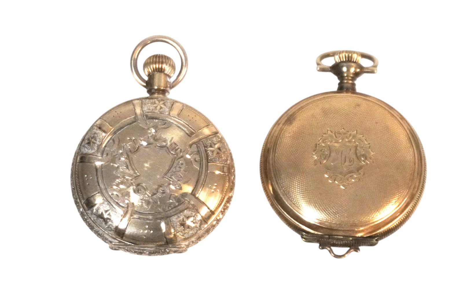 2 ANTIQUE AMERICAN WALTHAM LADIES POCKET WATCHES: 1- American Waltham 1894 7j Gilt Movement serial 6346419 in Ornate Gold Filled Hunting Case (missing glass) . 2- American Waltham 1907 7j in Gold Filled Hunting Case serial 16412657 in Hunting Case (m