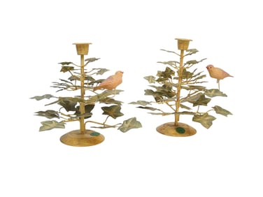 PAIR VINTAGE TOLE CANDLE HOLDERS BIRDS & FOLIAGE