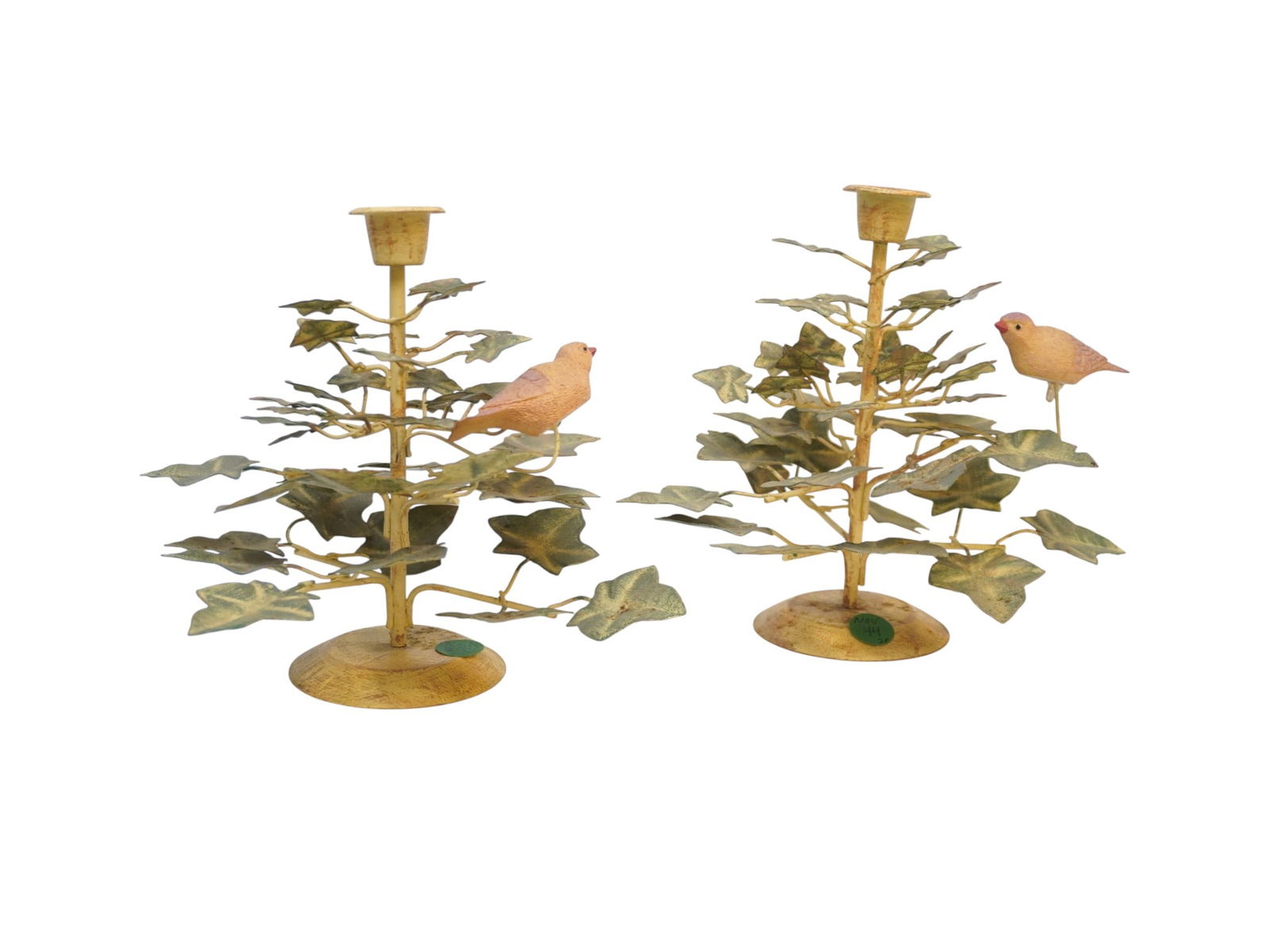 PAIR VINTAGE TOLE CANDLE HOLDERS BIRDS & FOLIAGE: Matched Pair of Vintage Tole Bird & Foliage Candle Holders. Each 9"x9"x8". Weight 1 lb. PROVENANCE:The Historic 1798 John Burckmeyer House, 120 Wentworth Street, Charleston SC **In house shipping avai