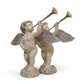 PAIR LARGE CARVED WOOD CHERUBS / PUTTI