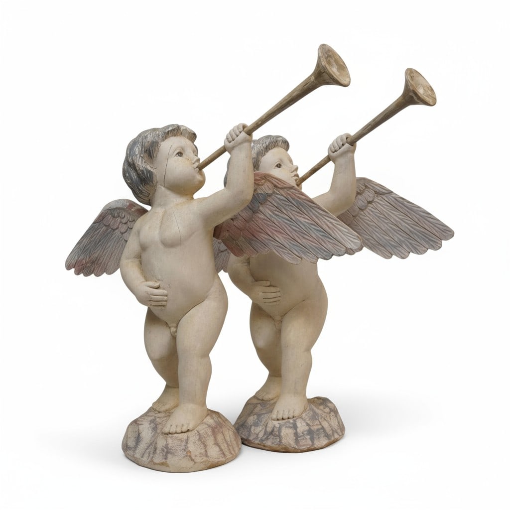 PAIR LARGE CARVED WOOD CHERUBS / PUTTI (1 of 9)