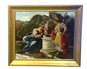 ANTIQUE CHRIST & THE SAMARITAN WOMAN OIL ON CANVAS