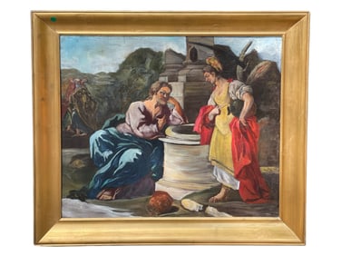 ANTIQUE CHRIST & THE SAMARITAN WOMAN OIL ON CANVAS