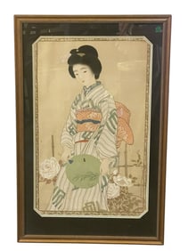 JAPANESE MID CENTURY HAND PAINTED GEISHA ON SILK