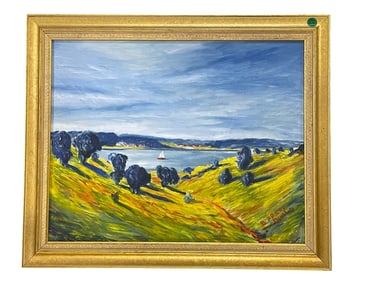 POST IMPRESSIONIST OIL ON BOARD COASTAL LANDSCAPE