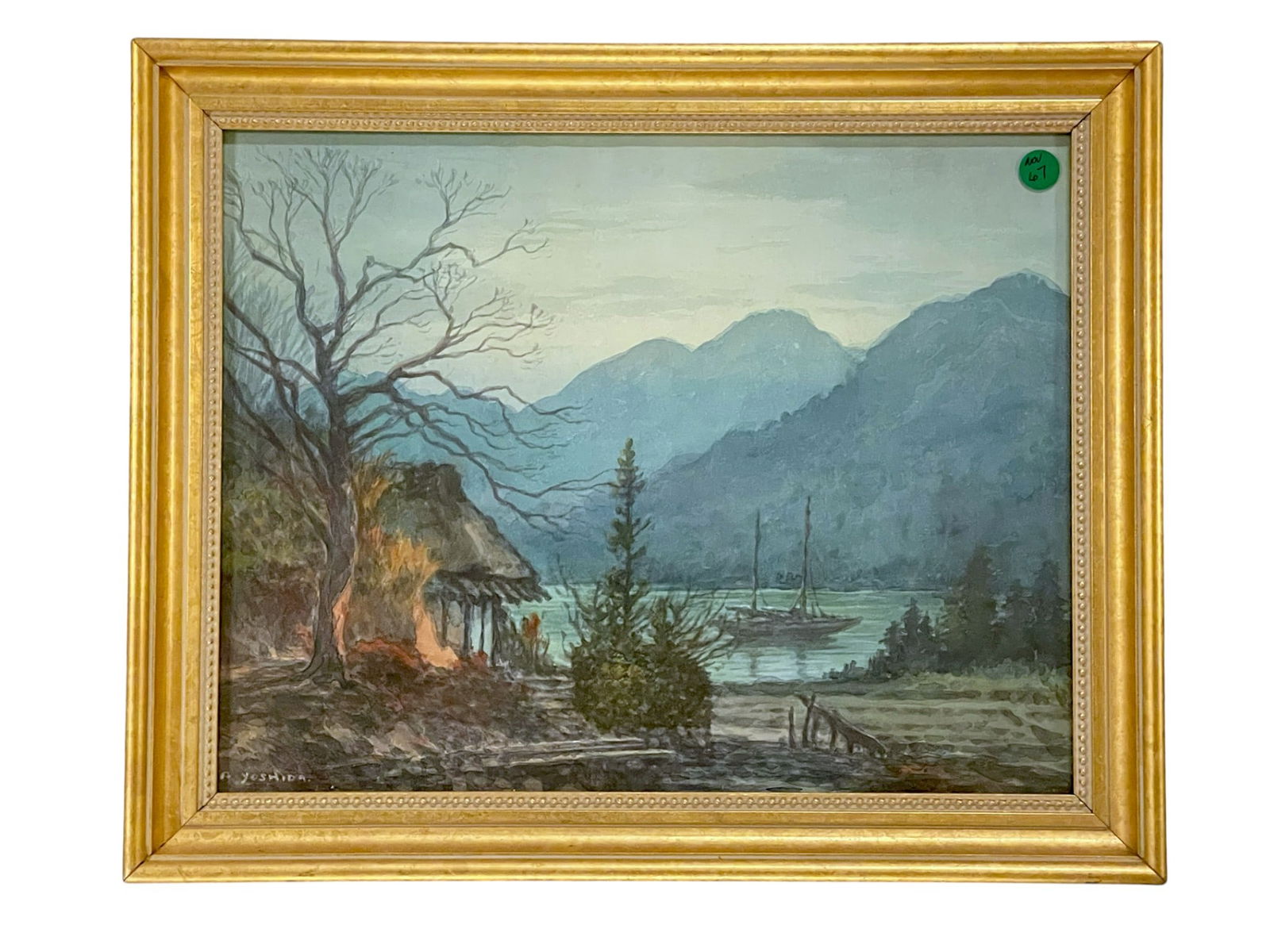 MID CENTURY A YOSHIDA WATERCOLOR LANDSCAPE: Mid Century A. Yoshida (Japan,19/20C), watercolor on paper. Japanese Country Landscape. In gilt wood frame under glass. In frame measures 19"x16"x1". Weight 3 lbs. Provenance: Gippy Plantation, Avenue