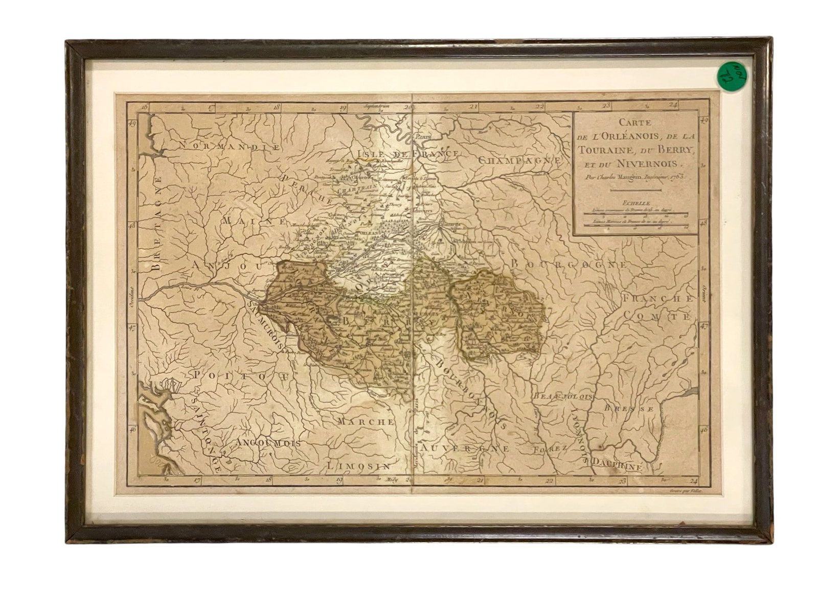 ANTIQUE MAP CARTE DE L'ORLEANOIS 1765: Antique Map Carte de L'Orleanois, de la Touraine, de Berry, et du Nivernois. created by Charles Maugen in 1763. Visible fold, toning. Framed under glass measures 18"x13"x1/2". Weight 2 lbs. Provenance