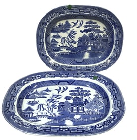 2 BLUE WILLOW PLATTERS ADAMS STAFFORDSHIRE & RIDGWAY