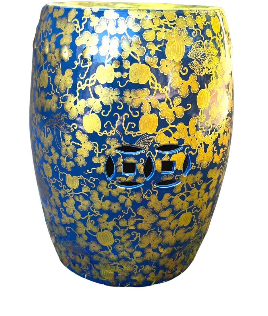 GUMPS MIDNIGHT PORCELAIN GARDEN STOOL: A midnight porcelain garden stool by Gump's. This garden stool is an exclusive import of San Francisco's well-known home decor emporium. Measures 12 1/2"x12 1/2"x18 1/2". Weight 26 lbs **In house ship