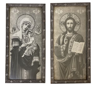 PAIR ANTIQUE FRAMED RUSSIAN ORTHODOX MARY W CHILD & CHRIST