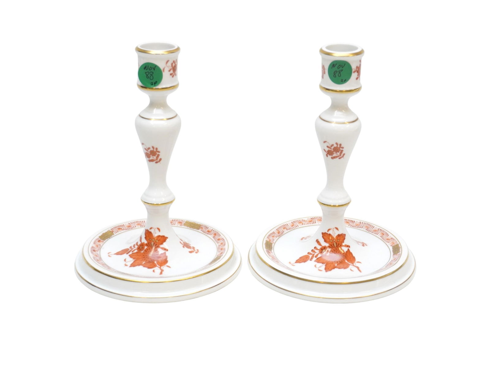 PAIR HEREND CHINESE BOUQUET CANDLESTICKS: Pair of Herend Porcelain Chinese Bouquet Rust Candlesticks. Each 5 1/2"x5 1/2"x7 1/2". Weight combined 1 lb 4 oz. **In house shipping available on this lot**