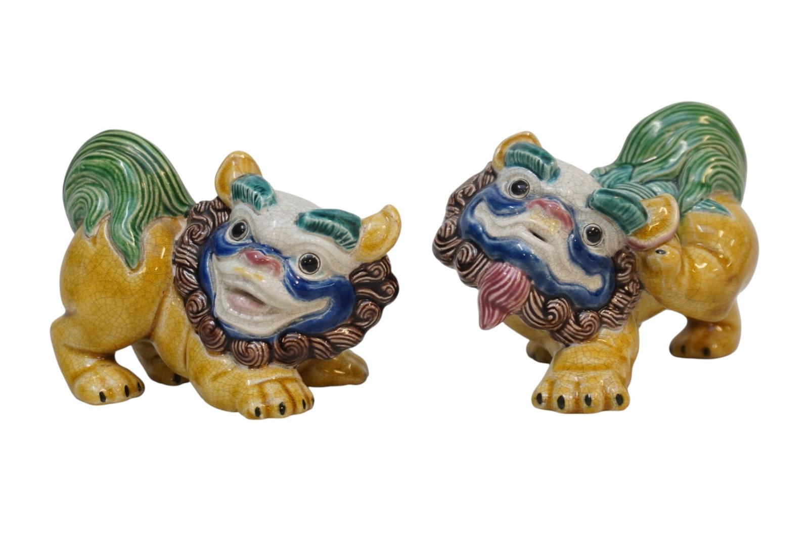 PAIR MID CENTURY PORCELAIN KOMAINU FOO DOGS (Lions): Pair of Vintage Mid Century Porcelain Finely Detailed Small Komainu in a crackle glaze. Makers mark on both. Each 4"x3"x3". Weight combined 13 oz. **In house shipping available on this lot** In Japan 