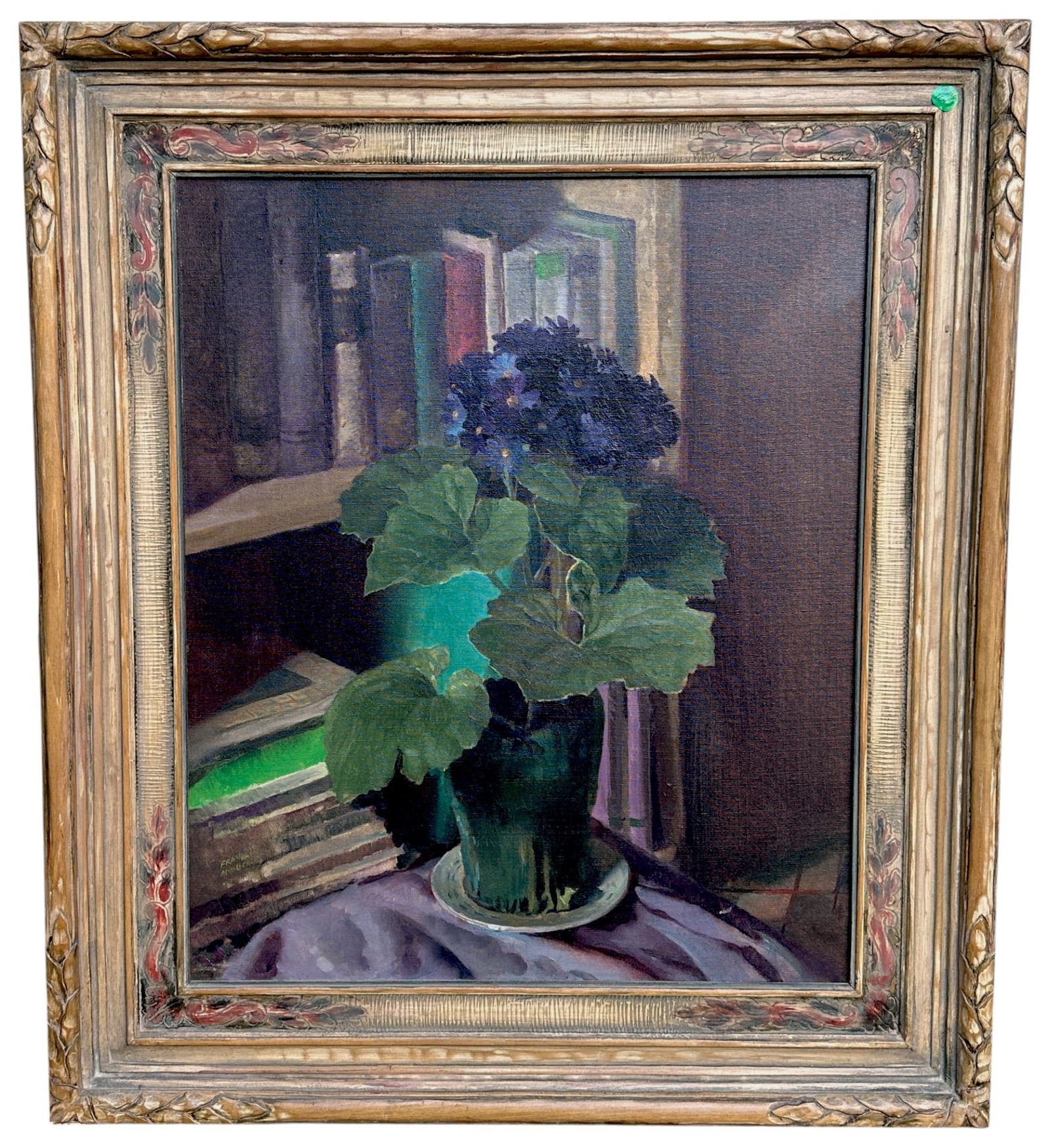 FRANKLIN ARBUCKLE (1909-2001) VIOLETS STILL LIFE: Mid Century oil on canvas Violets still life by Franklin Arbuckle ( Canadian,1909-2001) In frame measures 28"x32"x1". Weight 7 lbs. Franklin Arbuckle was a versatile and accomplished Canadian painter 