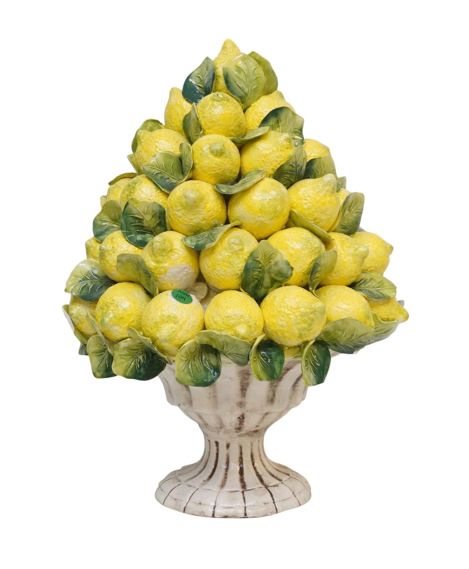 LARGE CAPODIMONTE LEMON CENTERPIECE: Large Capodimonte Italian Lemons Topiary Compote Centerpiece.Measures 12"x12"x19". Weight 14 lbs. a few leaves chipped, hairline to bottom only **In house shipping available on this lot**