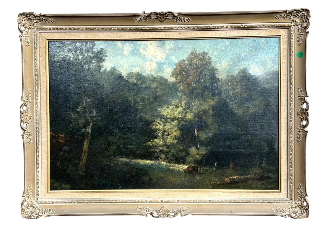 PASTORAL FRENCH LANDSCAPE SIGNED LEPINE: Pastoral French Oil on Artist Board. Signed lower right S. Lepine in block letters In frame measures 35"x25"x2". Weight 8 lbs. PROVENANCE: A Private Charleston SC Collection. **In house shipping avail