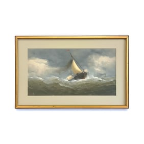 LARGE ANTIQUE MARITIME SAILBOAT IN A STORM