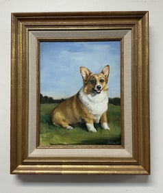 AUDREY CHALLONER-DESJARDINS CORGI OIL ON CANVAS