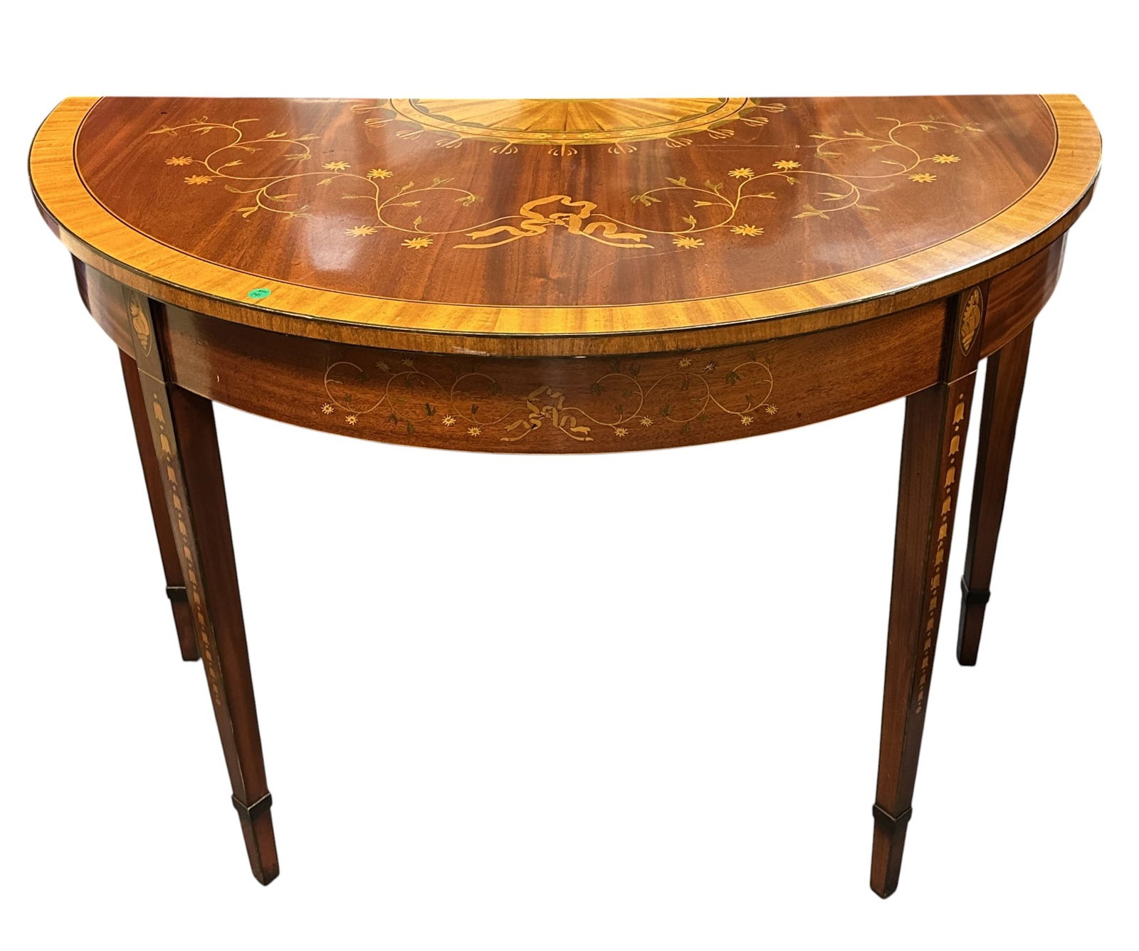 MID CENTURY MARQUETRY DEMILUNE CONSOLE TABLE (1 of 5)