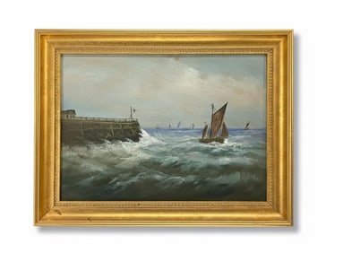 ANTIQUE MARITIME HARBOR SCENE WITH SAILBOATS