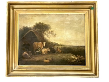 ANTIQUE 19th c PASTORAL OIL WITH COWS