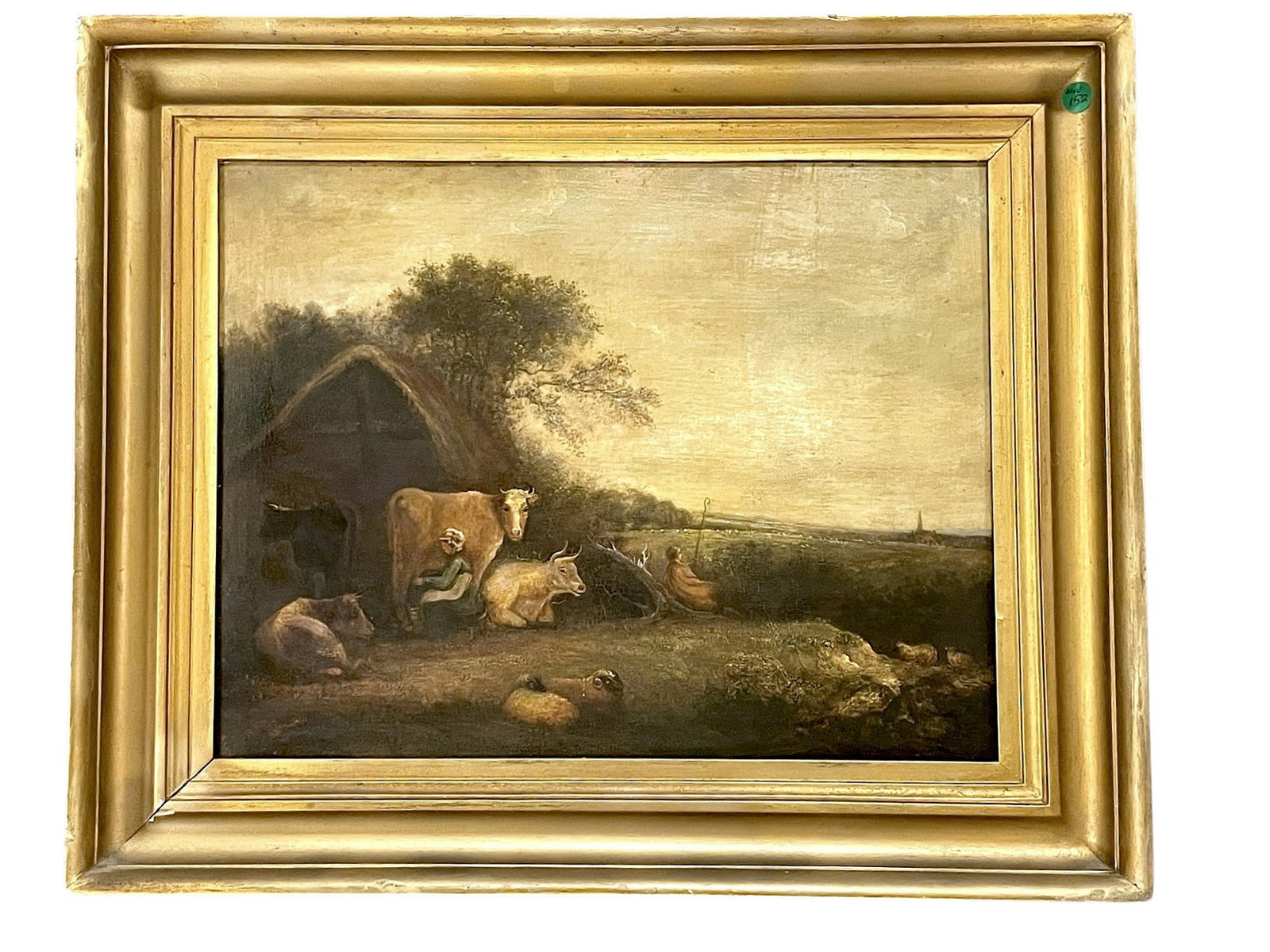 ANTIQUE 19th c PASTORAL OIL WITH COWS: Antique 19th c Continental Pastoral Oil with Cows and Sheep, In gilt wood frame measures 25"x21"x2". Weight 7 lbs. Provenance: Gippy Plantation, Avenue of Oaks, Berkeley County, South Carolina **In ho