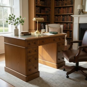 ANTIQUE 19TH C PETITE OAK DESK WITH TOOLED LEATHER TOP