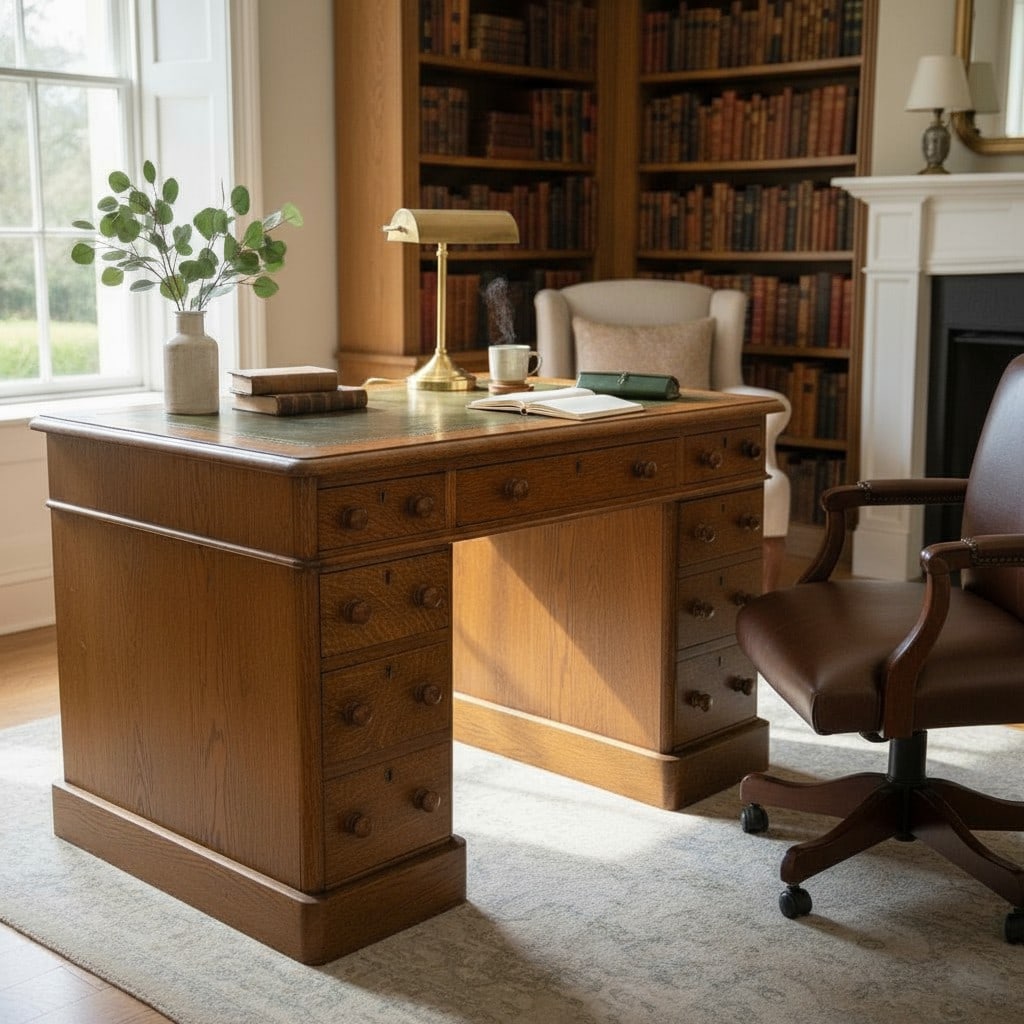 ANTIQUE 19TH C PETITE OAK DESK WITH TOOLED LEATHER TOP (1 of 5)