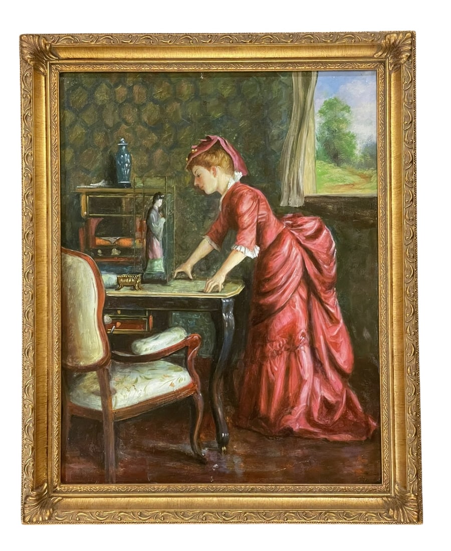 LADY IN A RED DRESS OIL PAINTING: Lady in a Red Dress in the style of William McGregor Paxton Oil Painting.. In Gilt Wood Frame measures 17"x21"x2". Weight 4 lbs. Provenance: Gippy Plantation, Avenue of Oaks, Berkeley County, South Ca