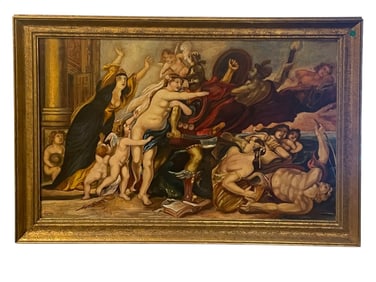 ANTIQUE HERMES AND VENUS OIL ON BOARD SIGNED