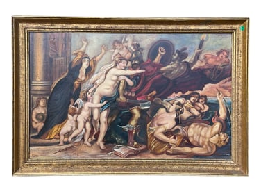 ANTIQUE HERMES AND VENUS OIL ON BOARD SIGNED