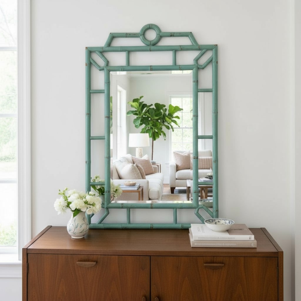 LARGE VINTAGE LACQUERED CHINOISERIE STYLE BAMBOO FRAMED BEVELED MIRROR (1 of 2)