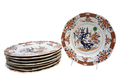 RARE SET OF 8 ENGLISH IMARI 1840 PEELING DINNER PLATES