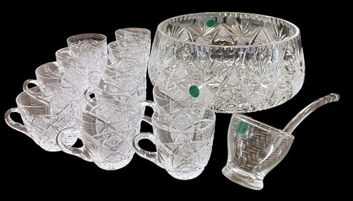 LARGE AMERICAN BRILLIANT PUNCH BOWL W 12 CUPS