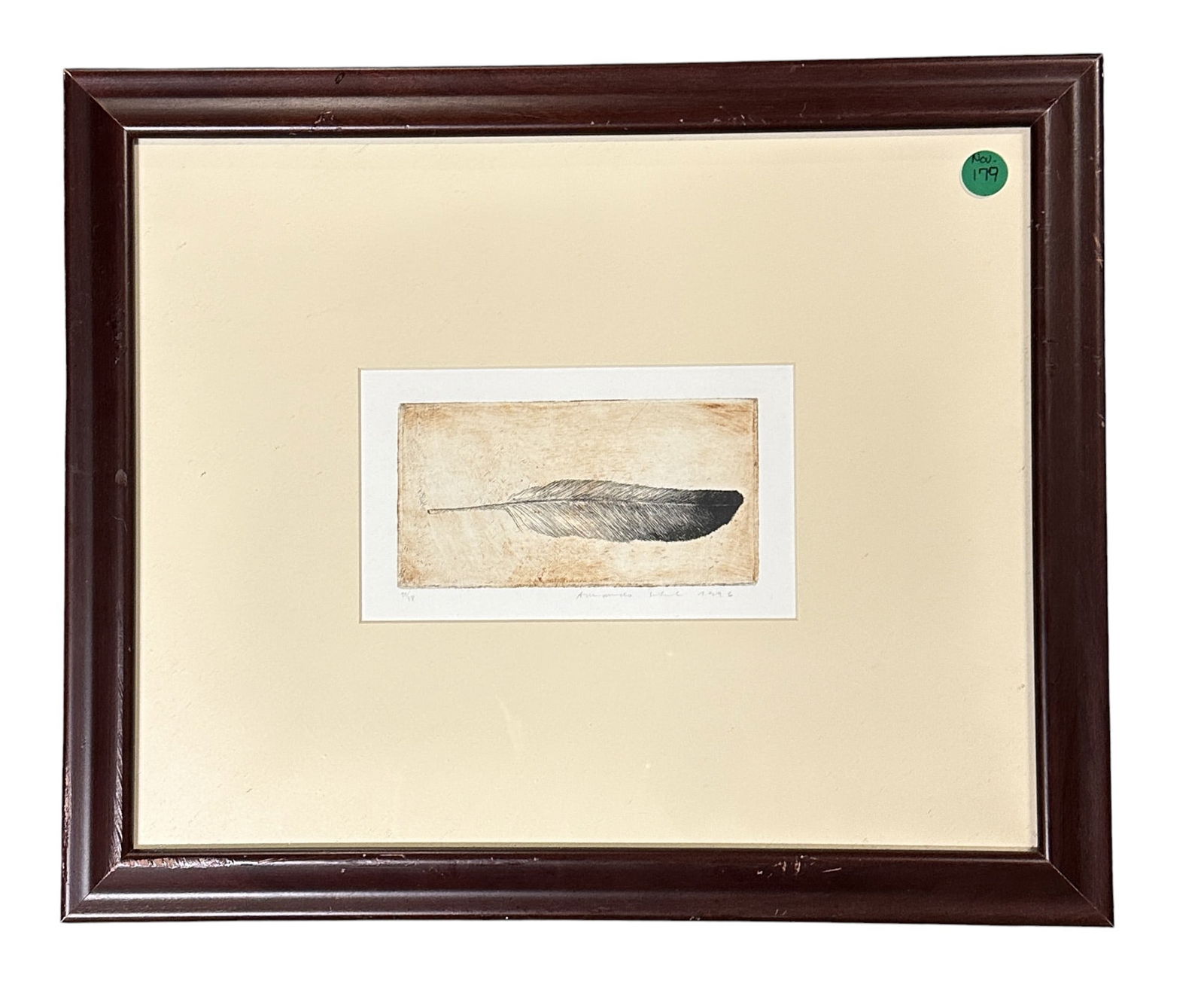 ARMANDO SOBRAL LTD EDITION ENGRAVING FEATHER: Limited Edition of only 38, Engraving by Armando Sobral "Feather". Signed and numbered in pencil by the artist. Professionally framed. In frame measures 17.5" x 14.5"x.1". 1 pound**In house shipping a