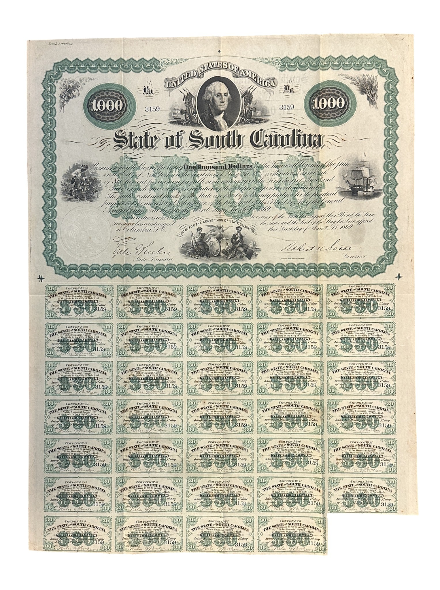 STATE OF SOUTH CAROLINA UNCANCELED BOND SIGNED ROBERT K. SCOTT, NILES G.PARKER JAN. 1886 (1 of 5)