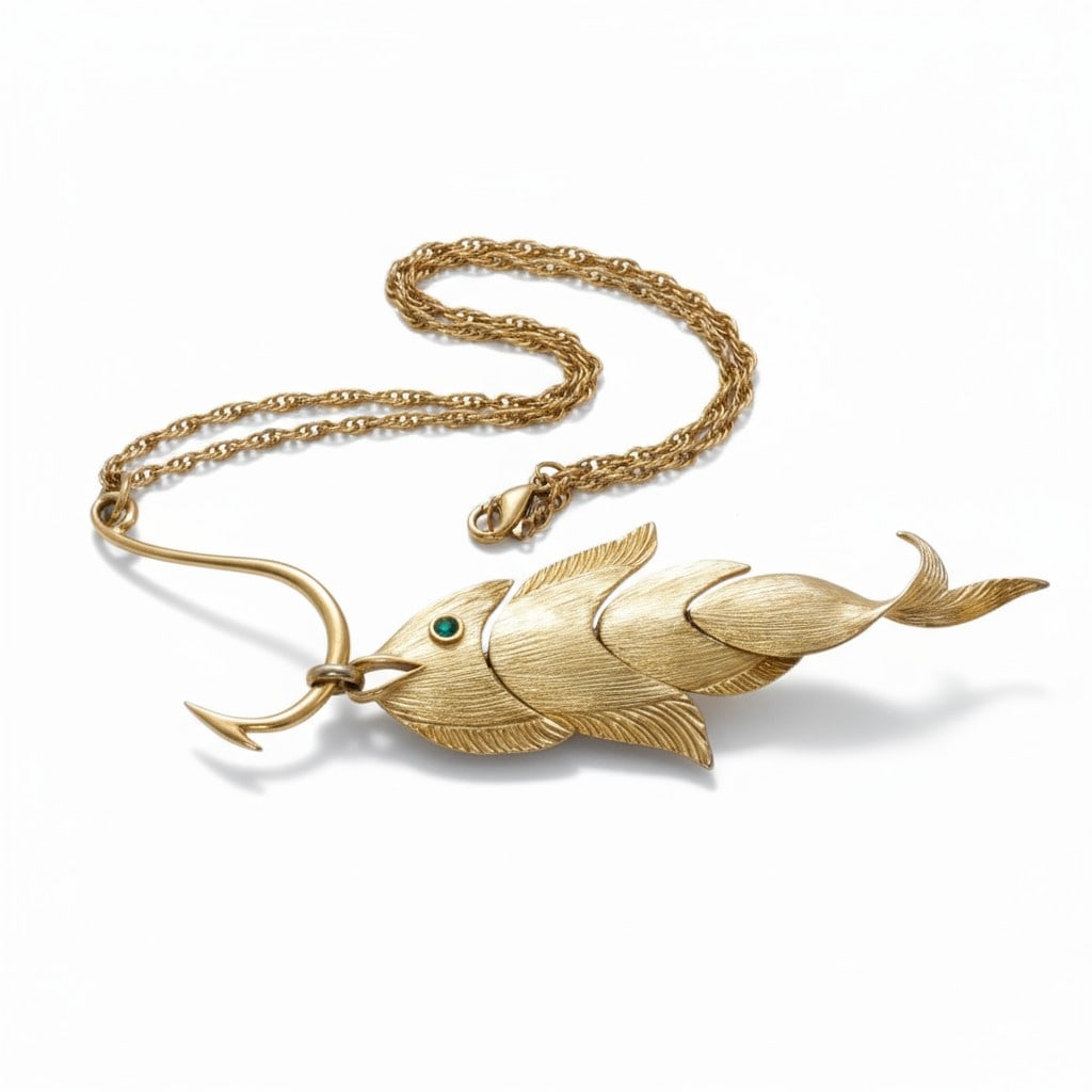 LARGE VINTAGE NAPIER FISH ON HOOK NECKLACE: Fantastic Vintage Napier Articulated Large Fish Pendant Necklace. Hallmarked on the backside Napier. Brushed Gold Tone metal finish. Emerald green faceted eye in the fish. Large chain measuring approx