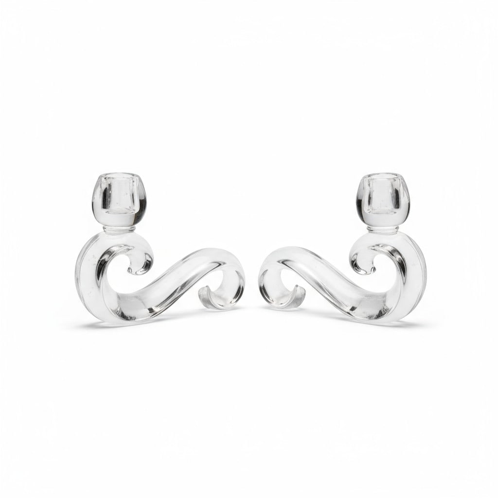 MID CENTURY FOSTORIA CANDLESTICKS: Mid Century 1950s Fostoria Swirl Candlesticks. 5 1/2"x2"x4 1/2". Weight 2 lbs 4 oz