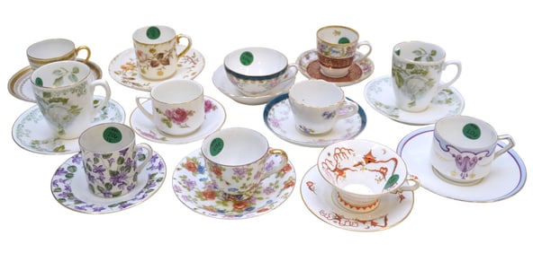 12 DEMITASSE CUPS AND SAUCERS - LIMOGES, ROSENTHAL, MERIT, ETC.