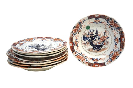RARE SET OF 8 ENGLISH IMARI 1840 PEELING BOWLS & PLATES