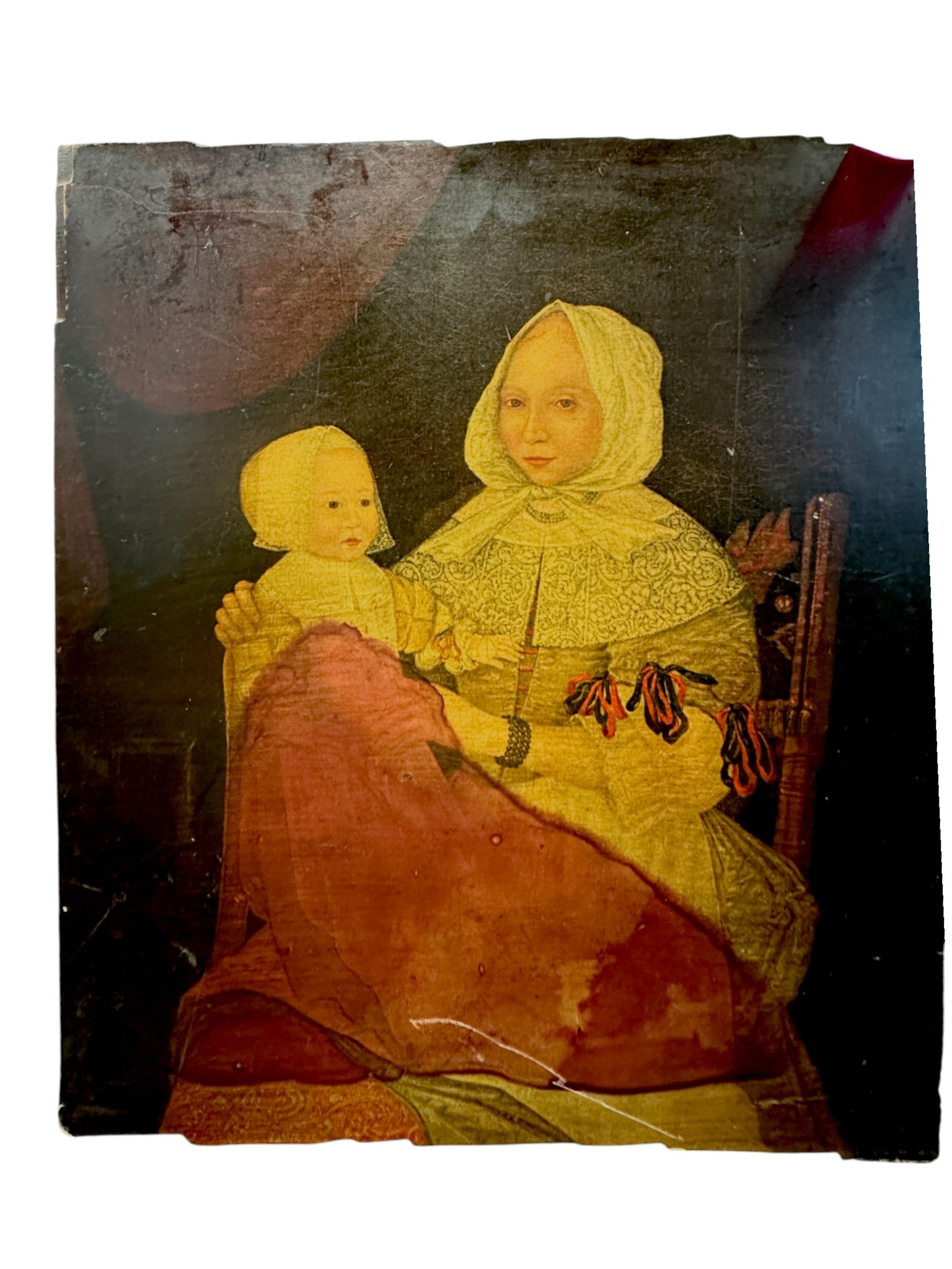 ELIZABETH FREAKE AND BABY MARY PRINT ON WOOD PANEL: Vintage Print on Wood Panel. The portrait "Elizabeth Freake and Baby Mary," painted around 1671, depicts Elizabeth Clarke Freake holding her infant daughter Mary and is significant for its representat