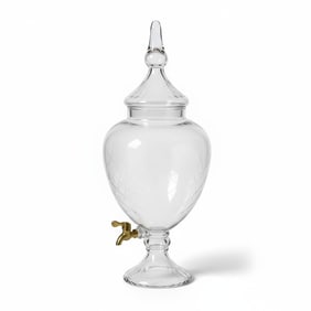 LARGE ETCHED GLASS APOTHECARY JAR BEVERAGE DISPENSER