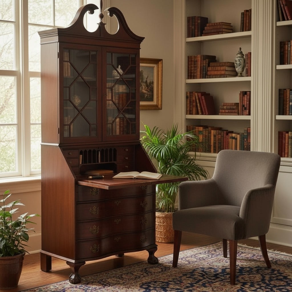 MADDOX MAHOGANY SECRETARY BALL & CLAW FEET: Vintage Maddox Mahogany Ball and Claw Foot Serpentine Front Secretary. Fitted interior, two part, Measures Approximately 86.5"x32"x16"**In house shipping available on this lot**