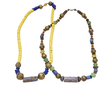 2 AFRICAN TRIBAL TRADE BEAD BRASS AND CLAY NECKLACES