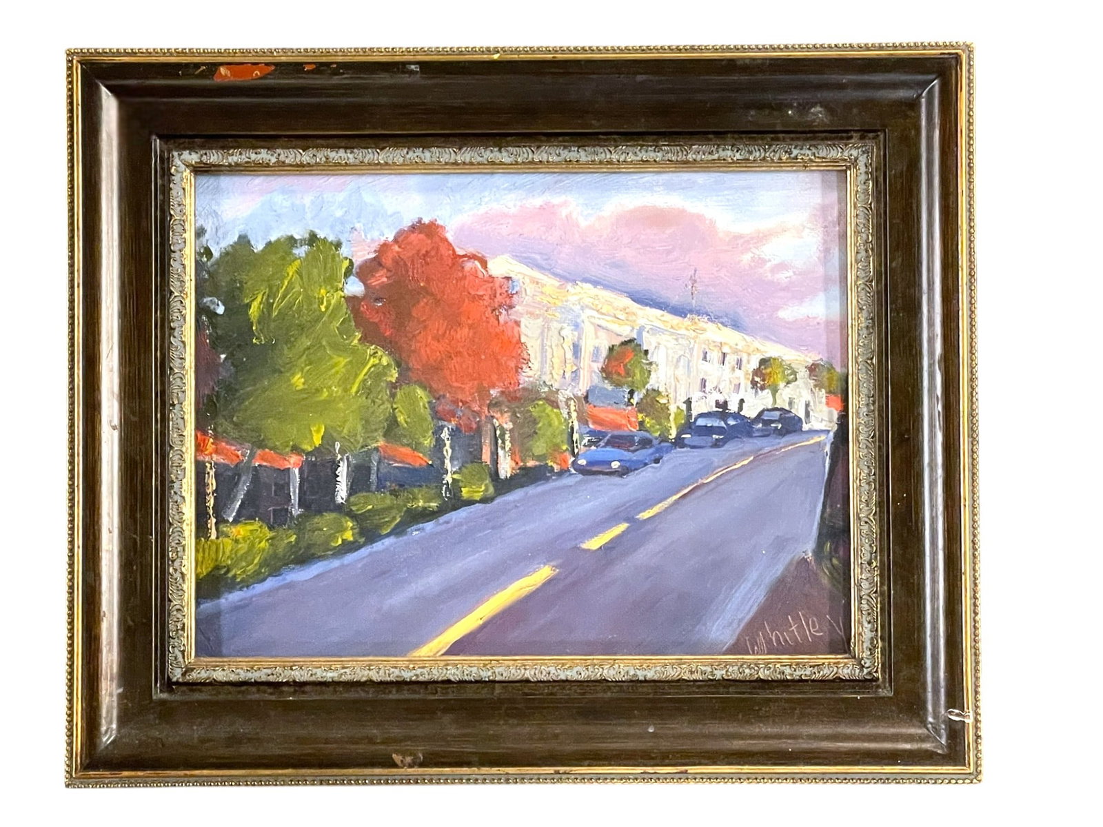 IMPRESSIONIST CITY STREET BY WHITLEY: Impressionist Acrylic On Board City Street signed Whitley. Framed. Measures 16" x 13" and weighs 2 lbs 4 oz. **In house shipping available on this lot**
